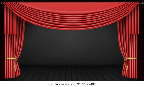 Theater stage with red curtain red curtain and wooden floor. Vector illustration.