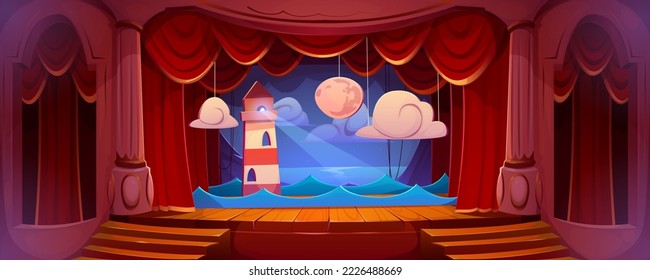 Theaterbühne mit roten Vorhängen und Dekorationsbake, Meereswellen und Mond mit Wolken. Theater, Musiksaal, Oper, Drama-Interieur mit hölzerner Szene, Samtvorhänge, Säulen, Vektorgrafik Cartoon