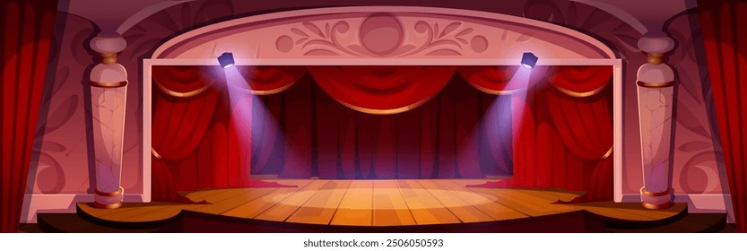 Theater stage with red curtains and floodlights. Vector cartoon illustration of concert scene with wooden floor and luxury velvet drapery, white marble pillars decoration, hall for art performances