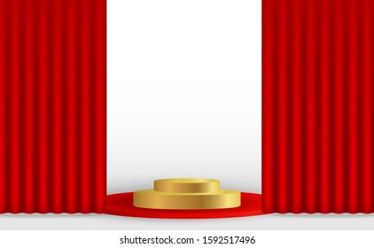 Theater stage with red curtains and golden winner podium for first place. Cinema white screen background. Vector illustration
