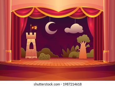 Theater stage with red curtains and on light. Vector cartoon illustration of theatre interior with empty wooden scene, luxury velvet drapes and decoration with clouds and bushes