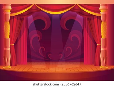 Theater stage with red curtains and on light. Vector cartoon illustration of theatre interior with empty wooden scene. Concert grand opening template