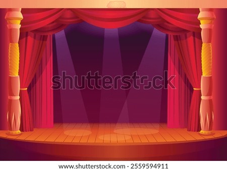 Theater stage with red curtains and on light. Vector cartoon illustration of theatre interior with empty wooden scene. Concert grand opening template