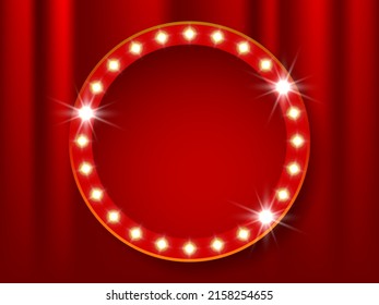 Theater stage. Red curtains stage, theater or opera background with spotlight. Festival night show banner. Circle retro frame with glowing lamps. Vector illustration with shining lights