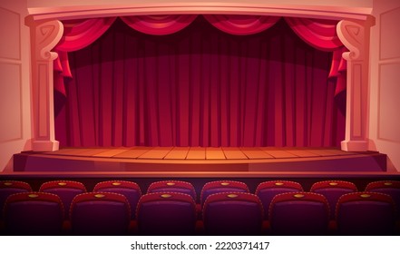 Theater stage with red curtains, rows of theatre seats, columns, spotlights illumination on wooden floor. Classic scene for performance, opera, concert, dance or music show Cartoon vector illustration