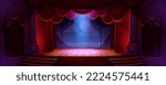 Theater stage with red curtains, spotlights and decor night ocean, moon and clouds. Theatre interior with empty wooden scene, luxury velvet drapes and stairs, music hall cartoon Vector illustration