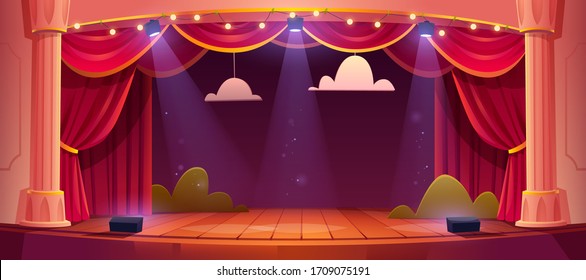 Theater stage with red curtains and spotlights. Vector cartoon illustration of theatre interior with empty wooden scene, luxury velvet drapes and decoration with clouds and bushes - Shutterstock ID 1709075191