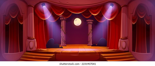 Theater stage with red curtains, spotlights and moon. Theatre interior with empty wooden scene, stairs, velvet drapes and decoration, music hall, opera, drama cartoon background, Vector illustration