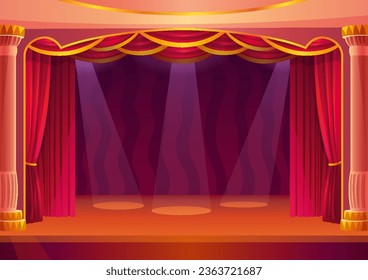 Theater stage with red curtains and spotlights. Theatre interior with empty wooden scene and luxury drapes decoration with bushes. Vector cartoon illustration