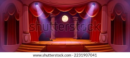 Theater stage with red curtains, spotlights and moon. Theatre interior with empty wooden scene, stairs, velvet drapes and decoration, music hall, opera, drama cartoon background, Vector illustration
