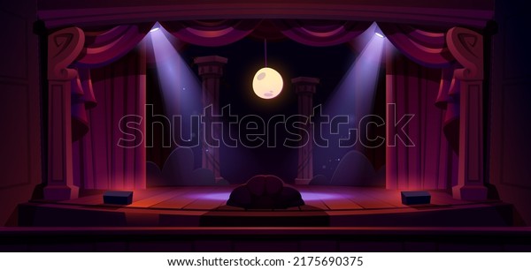 Theater stage with red curtains, spotlights\
and moon. Theatre interior with empty wooden scene, luxury velvet\
drapes and decoration, music hall, opera, drama cartoon background,\
Vector illustration
