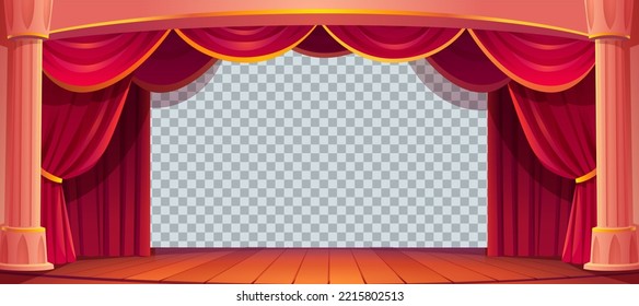 Theater stage with red curtains, wooden floor, white columns isolated on transparent background.Theatre scene interior with empty backdrop, vector cartoon illustration