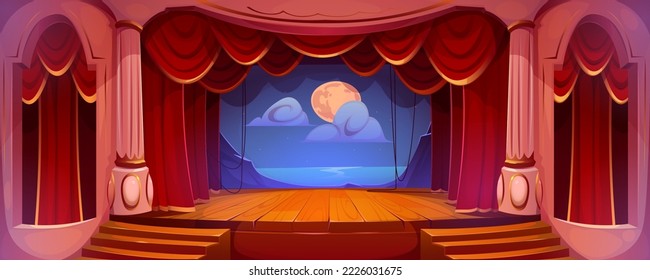 Theater stage with red curtains, wooden floor and decoration of night landscape with moon on backdrop. Theatre hall interior with empty scene, columns, stairs, balconies, vector cartoon illustration