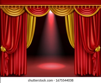 Theater stage with red and gold curtains and spotlight. Vector realistic illustration of opera or cinema decoration with luxury velvet drapes with golden tassels and scene with spot of light