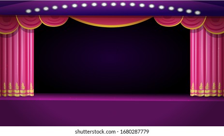 A theater stage with a red open curtain. Vector template illustration