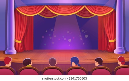 A theater stage with a red open curtain with people and purple columns.Vector template illustration