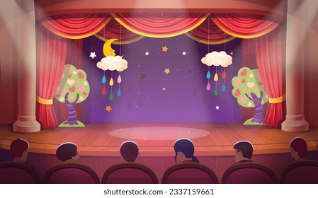 Escenario de teatro con cortinas rojas abiertas y gente. С interior artoon de teatro con escena de madera, decoración con nubes y árboles. Vector.