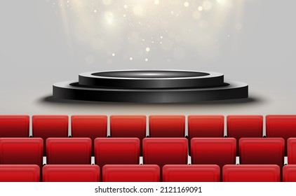 Theater stage with red seats and podium.Vector illustration.