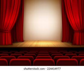 Theater stage with red velvet open retro style curtain background vector illustration