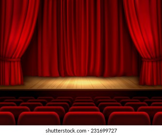 Theater stage with red velvet open retro style curtain background vector illustration