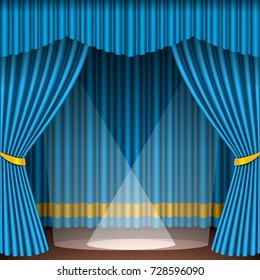 Theater stage scene with blue curtains entertainment and spotlights vector illustration.