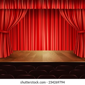 Theater stage with seats red velvet open retro style curtain background vector illustration