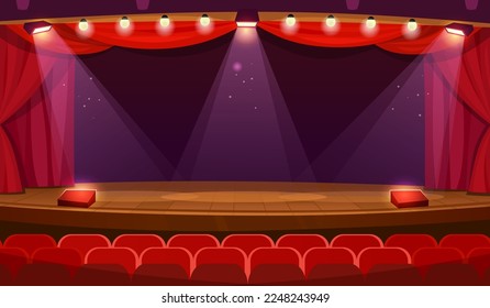 A theater stage with a spotlight, red curtains and seats. An empty concert hall ready for performance. Vintage theatre with wooden floor wide view background. Cartoon-style vector illustration.