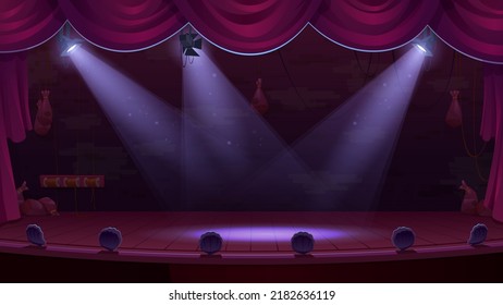 Theater Stage With Spotlights, Red Curtains And Wooden Floor. Theatre Interior, Empty Scene With Luxury Velvet Drapes And Decoration, Music Hall, Opera, Drama Cartoon Background, Vector Illustration