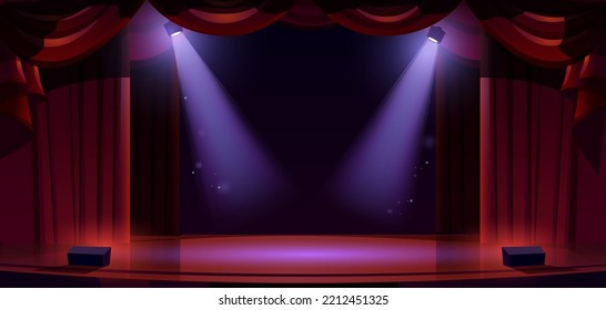 Theater Stage With Spotlights, Red Curtains And Wooden Floor. Theatre Interior Background, Dark Scene With Luxury Velvet Drapes And Empty Space For Text, Music Hall, Opera, Cartoon Vector Illustration