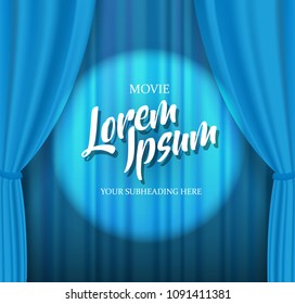 Theater stage template with blue heavy curtain and golden text.