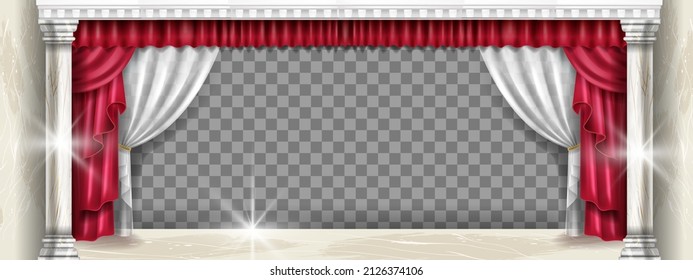 Theater stage, vector red cinema curtains on transparent background, marble pillar, white tulle, lights. 3D opera scene, empty interior backdrop, presentation event frame. Theater white stage column