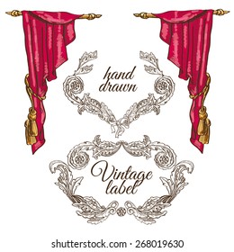 Theater stage vector sketch. Vector set of calligraphic design elements: page decoration, Premium Quality and Satisfaction Guarantee Label, antique and baroque frames and floral ornaments | 