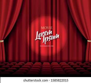 Theater stage vector template illustration with red heavy curtain and seats.