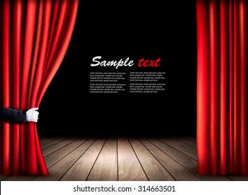 Theater Stage With Wooden Floor And Open Red Curtains. Vector.