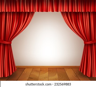 Theater stage with wooden floor red velvet open retro style curtain isolated on white background vector illustration