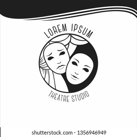 Theater studio logo black and white. Theatrical masks, emotions. Logo. Template.