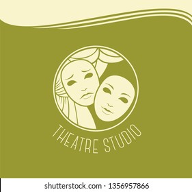 Theater studio logo green and olive. Theatrical masks, emotions. Logo. Template.