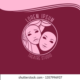 Theater studio logo pink and lilac. Theatrical masks, emotions. 