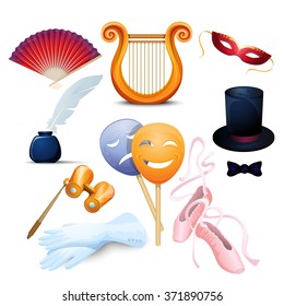 Theater symbols flat icons set with ballet point shoes and old-fashioned binocular abstract isolated vector illustration