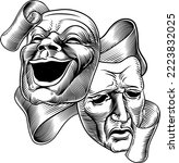 Theater or theatre drama comedy and tragedy masks in a vintage woodcut etching style