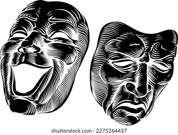 Theater or theatre drama comedy and tragedy masks in a vintage woodcut etching style