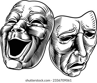 Theater or theatre drama comedy and tragedy masks in a vintage woodcut etching style