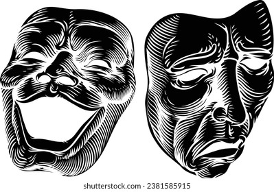 Theater or theatre drama comedy and tragedy masks in a vintage woodcut etching style