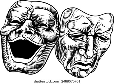 Theater or theatre drama comedy and tragedy masks in a vintage woodcut etching style