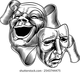 Theater or theatre drama comedy and tragedy masks in a vintage woodcut etching style