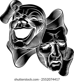 Theater or theatre drama comedy and tragedy masks in a vintage woodcut etching style