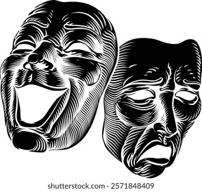 Theater or theatre drama comedy and tragedy masks in a vintage woodcut etching style