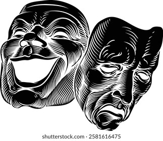 Theater or theatre drama comedy and tragedy masks in a vintage woodcut etching style