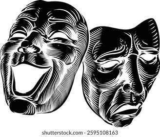 Theater or theatre drama comedy and tragedy masks in a vintage woodcut etching style