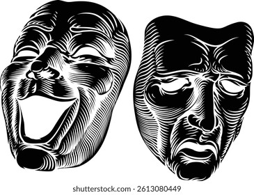 Theater or theatre drama comedy and tragedy masks in a vintage woodcut etching style